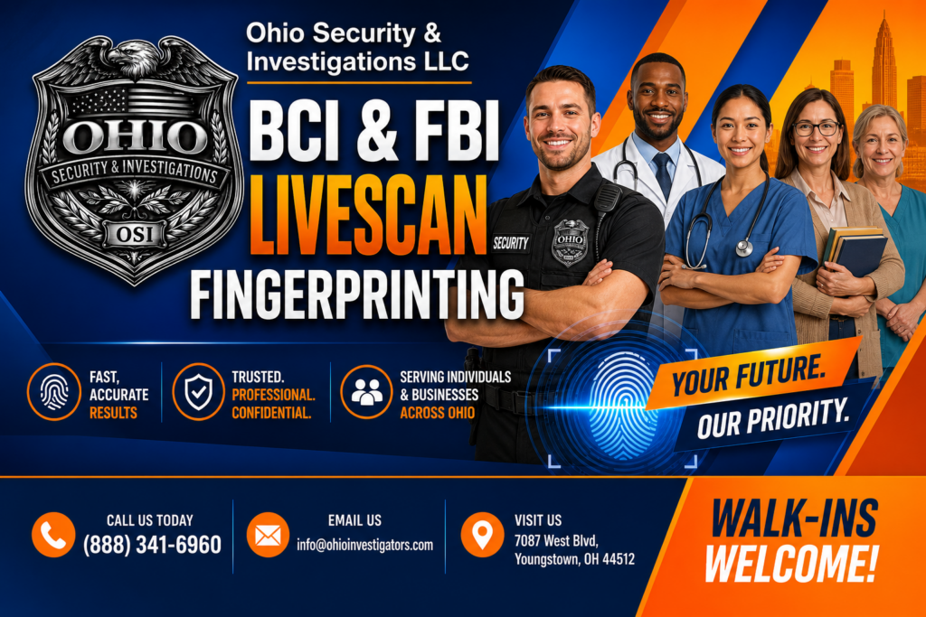 BCI and FBI fingerprinting services provided at 7087 West Blvd Suite 8 Youngstown Ohio 44512 by an authorized Ohio WebCheck provider offering electronic background check submissions for employment, licensing, and compliance requirements.