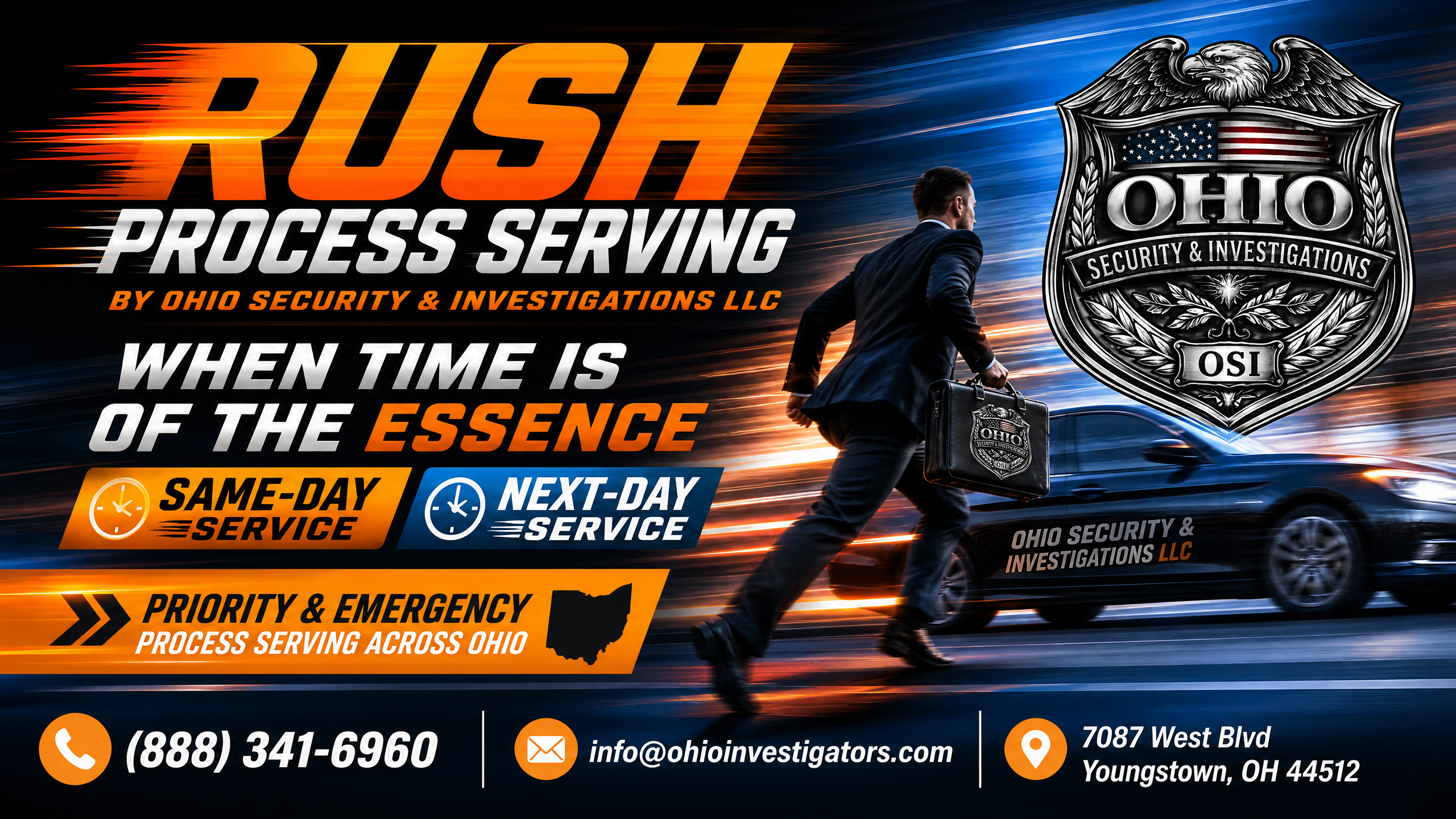 Rush process serving services provided in Youngstown Ohio with professional delivery of legal documents, subpoenas, summons, complaints, and urgent court filings from 7087 West Blvd #8 Youngstown Ohio 44512.